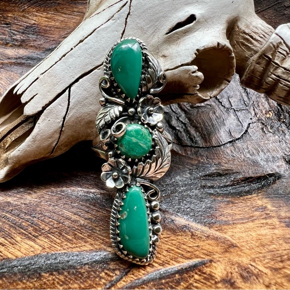 925 Sterling Silver Triple Green Kingman Turquoise Statement Ring Size 9
